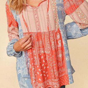 NEW Haptics Peach & Carolina Blue Paisley Patchwork Color Block Babydoll Blouse
